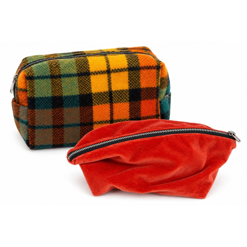 Union Rose Pouch Set Plaid Wool Velvet Cosmetic Travel Bag Multicolor Boho
